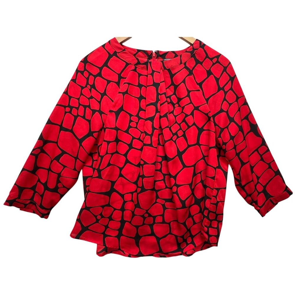 Liz Claiborne Womens Career Pleated Blouse 3/4 Sleeve Size PL Red Black Abstract